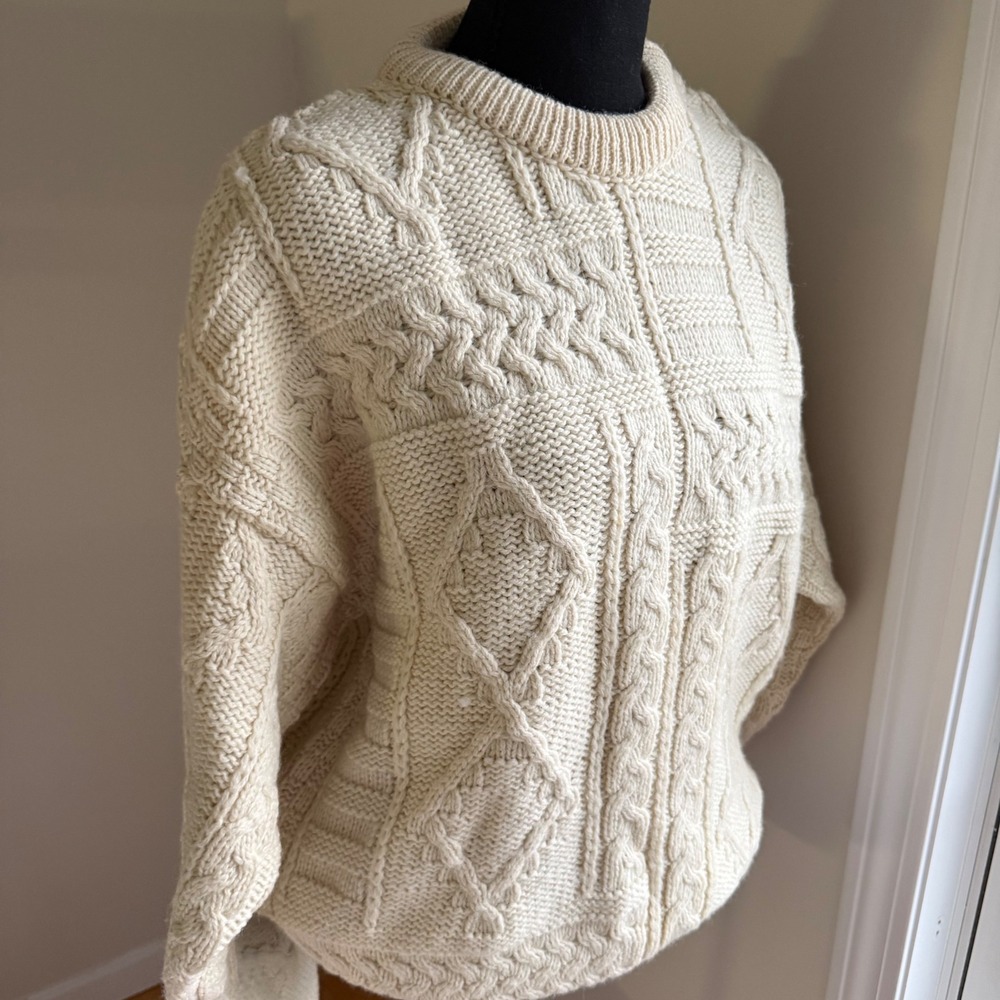 Vintage Aran Crafts Ireland Pure Wool Patchwork Cable Knit Fisherman Sweater M